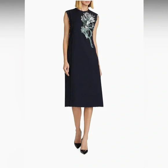 JASON WU COLLECTION•Floral Bead Sequined Midi Shift Dress•Navy•Sz 6 - Picture 3 of 12